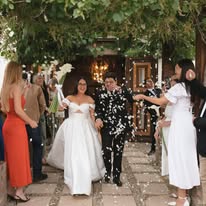 Newlyweds walking through a confetti welcome